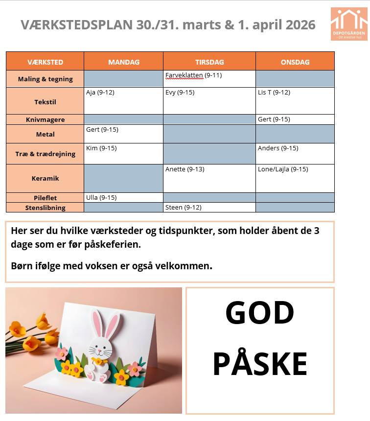 værkstedsplan før påske