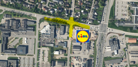 Billedet viser placeringen af Lidl-butikken. Der vil være indkørsel fra Gl. Landevej. Den gule markering viser omfanget af de arbejder der skal ske.